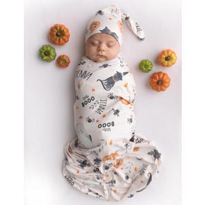 Newborn Baby Halloween Receiving Blanket Stretchy Knit Swaddle Set with Matching Headband and Beanie (Beige)