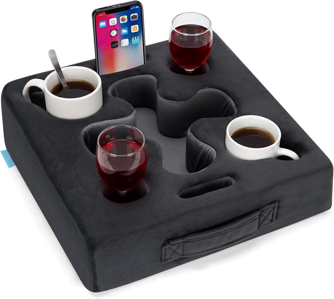 Couch Cup Holder-Sofa Cup Holder Pillow Tray Caddy Cupholder Hearted for Bed, Rv, Tv, Car, Man Cave, Backseat for Remote, Drinks, Snacks (Square-Grey) (Dark Grey)