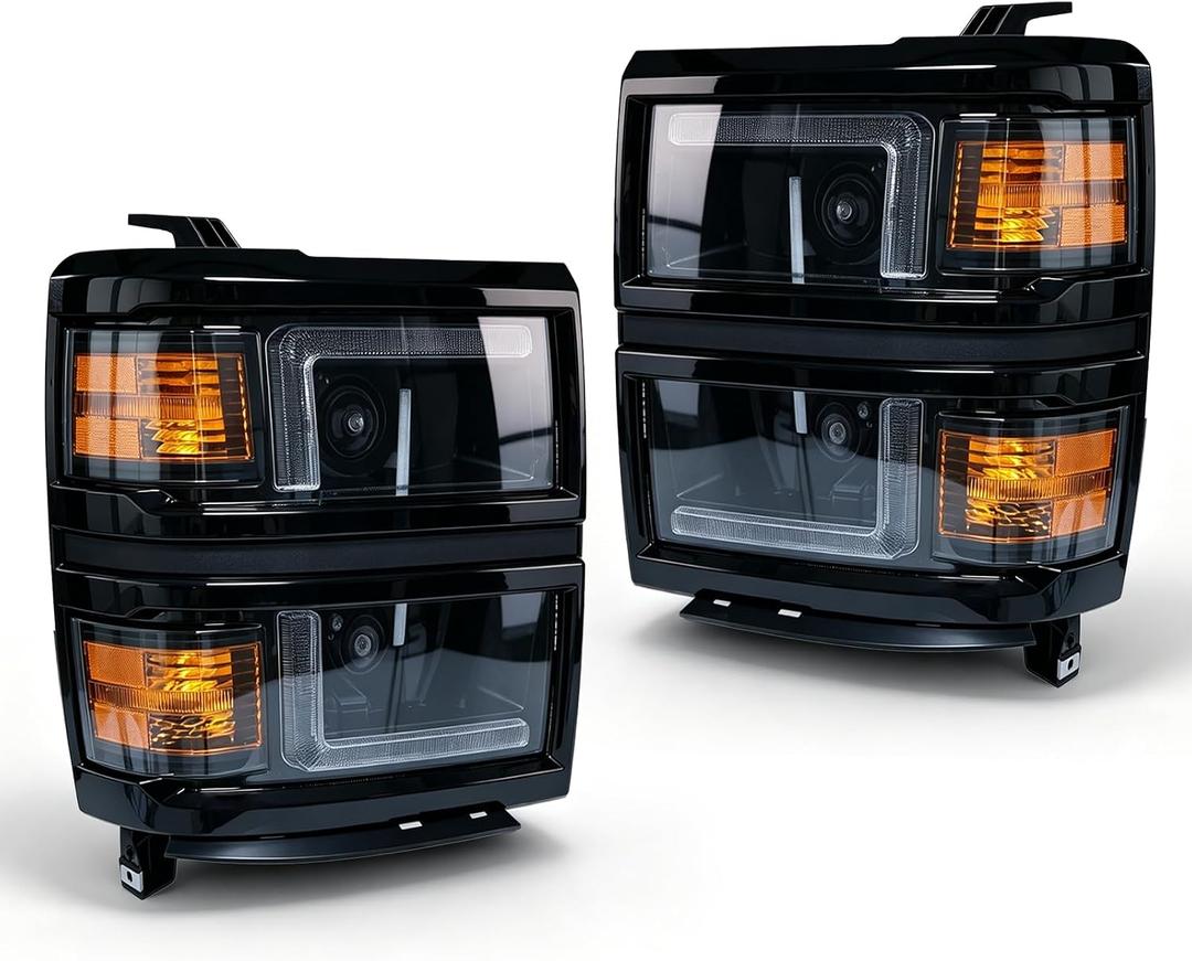 Headlight Assembly Compatible with 2014-2015 Chevy Silverado 1500 Headlights Headlamps Left+Right 14-15 Lights (GLOSS BLACK FRAME+BLACK INNER+AMBER SIDE)