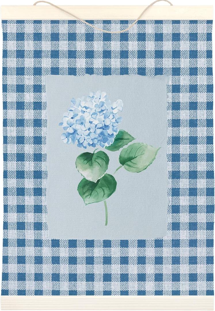 LKETW Blue Hydrangea Floral Poster Hanger Frame 12x16 Inch, Preppy Blue Checkered Hydrangea Flower Wall Art Posters for Bedroom, Floral Hanging Banner Decor for Home Living Room Office