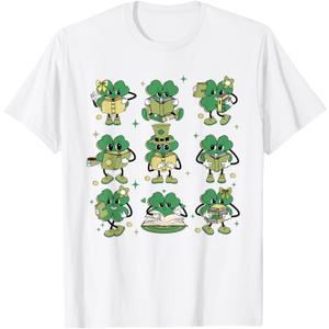 Cute Shamrock Reading Books St Patrick's Day Teacher Reading T-Shirt(M, White)