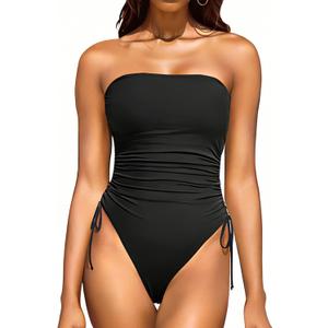 Yonique Women Strapless One Piece Swimsuit Tummy Control Bandeau Bathing Suit Cheeky Swimwear (Medium, Pure Black)