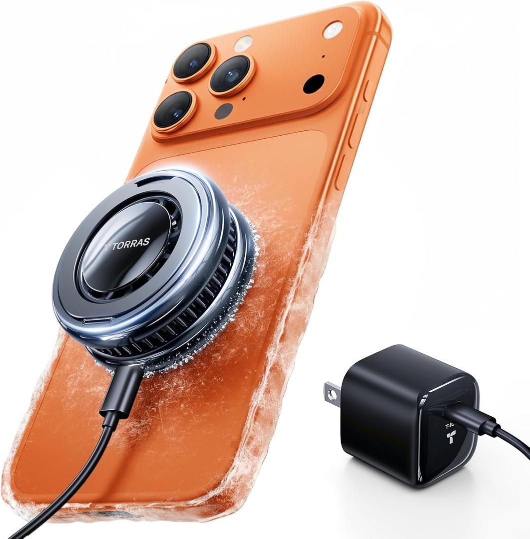 TORRAS PolarCircle Qi2.2 Wireless Charger, 25W Cooling Magnetic Pad for iPhone 17/16, Wireless Charger for Samsung Galaxy S25/S24 with 360°Spin Stand, Semiconductor Game Cooler, with 45W IceNano Plug
