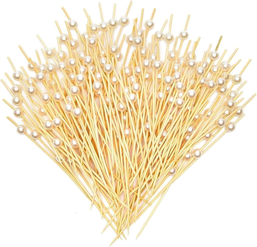 Okuna Outpost 150 Pack Bamboo Pearl Toothpicks for Food - Cocktail Picks for Fancy Appetizers and Party Decor - 4.7 Inch Decorative Food Picks (White Pearl)