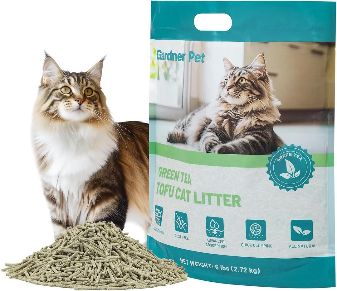 Gardner Pet Natural Tofu Cat Litter, Cat Litter with Green Tea Extract  Dust-Free, Fast Clumping, Flushable, and Odor Control for Multi-Cat Homes, 6lbs