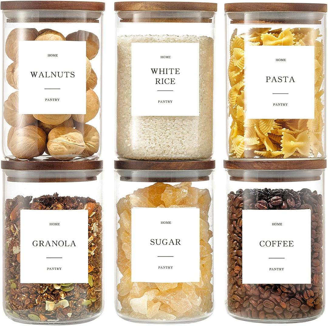 Set of 6 Glass Pantry Jars with Acacia Wood Lids, 32oz Airtight Pantry Storage Containers with 105 Labels, Glass Kitchen Canisters for Coffee, Tea, Sugar, Pasta