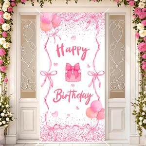 Pink Bow Birthday Door Banner Coquette Birthday Party Decorations Pink Bow Birthday Door Cover Happy Birthday Banner Pink Birthday Backdrop for Girls Woman Bachelorette Indoor Outdoor Party Supplies