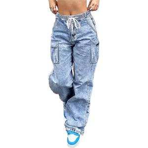 AprPith Mid Rise Cargo Jeans Women Elastic Waist Stretch Wide Leg Denim Pants with Pockets Baggy Streetwear Pants y2k Light Blue L