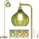 Floor Lamp for Living Room, Modern Standing Lamp with Remote, Dimmable, 3CCT, Arc Tall Floor Lamp with Green Glass Lampshade for Bedroom Study Room Office (Bulb Included)