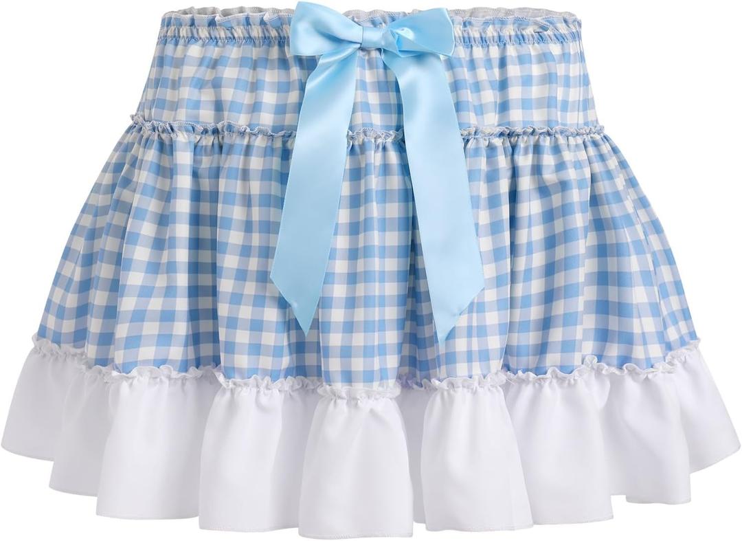 ABAFIP Sissy Plaid Mini Skirt Bowknot Ruffle Pleated Short Crossddressing Skirt for Men (Blue)