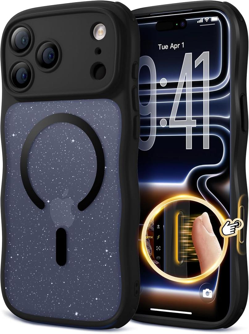 for iPhone 17 Pro Case for Women Girls,Compatible with MagSafe,Camera Control,Full Camera Protection, Cute Wave Magnetic Phone Case for iPhone 17 Pro,Black Shimme
