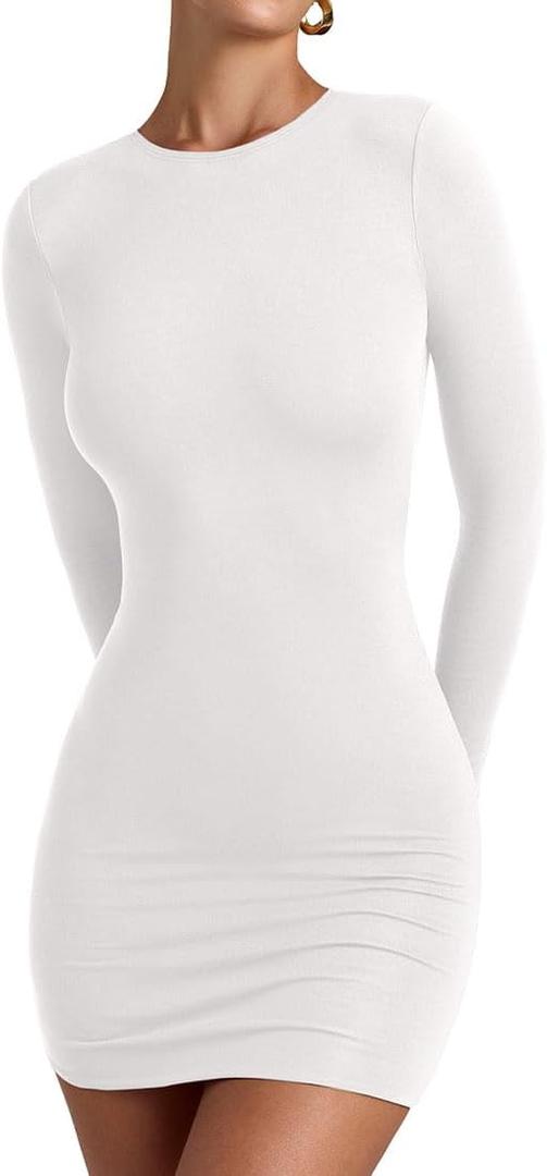 YFANG Women's Basic Round Neck Long Sleeve Bodycon Dress Sexy Slim Fitted Going Out Stretchy Mini Dress (Medium, White)