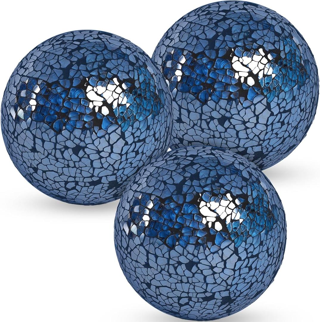 DomeStar 3PCS Decorative Balls, Mosaic Glass Orbs Centerpiece Balls 4inch Dark Blue Orbs for Decorate Bowls Vases Tables Wedding Party