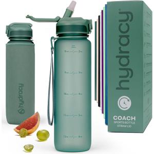 Hydracy Water Bottle with Time Marker -Large BPA Free Water Bottle & No Sweat Sleeve -Leak Proof Gym Bottle with Fruit Infuser Strainer & Times to Drink -Ideal for Fitness Sports & Outdoors (Moonlight Green)