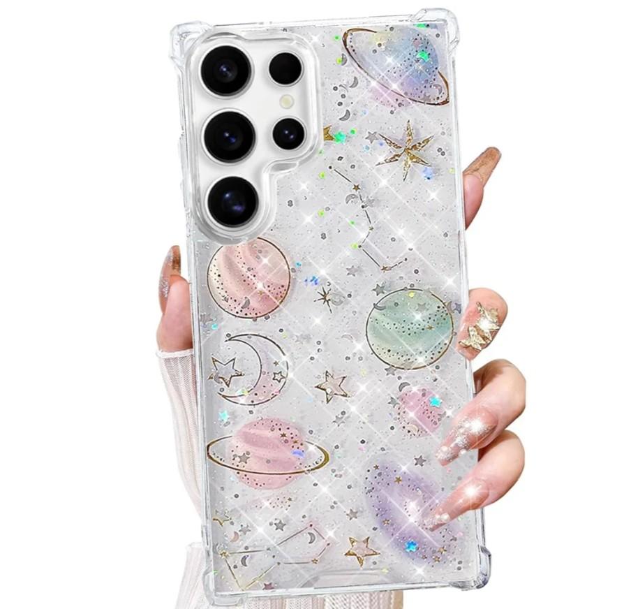 Changjia for Samsung Galaxy S24 Ultra Clear Glitter Case,Cute Bling Sparkle Planet Space Stars Moon Universe Pattern Soft TPU Silicone Shockproof Women Girls Protective Case for Galaxy S26 Ultra,Clear