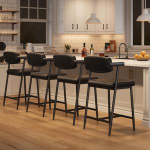 IDEALHOUSE Bar Stools Set of 4 with Armrests, Counter Height Bar Stools Set with Footrest & Soft Back, Metal Barstools Set with Wide Upholstered Seat for Kitchen Islands, Counter Bars, Rustic Black