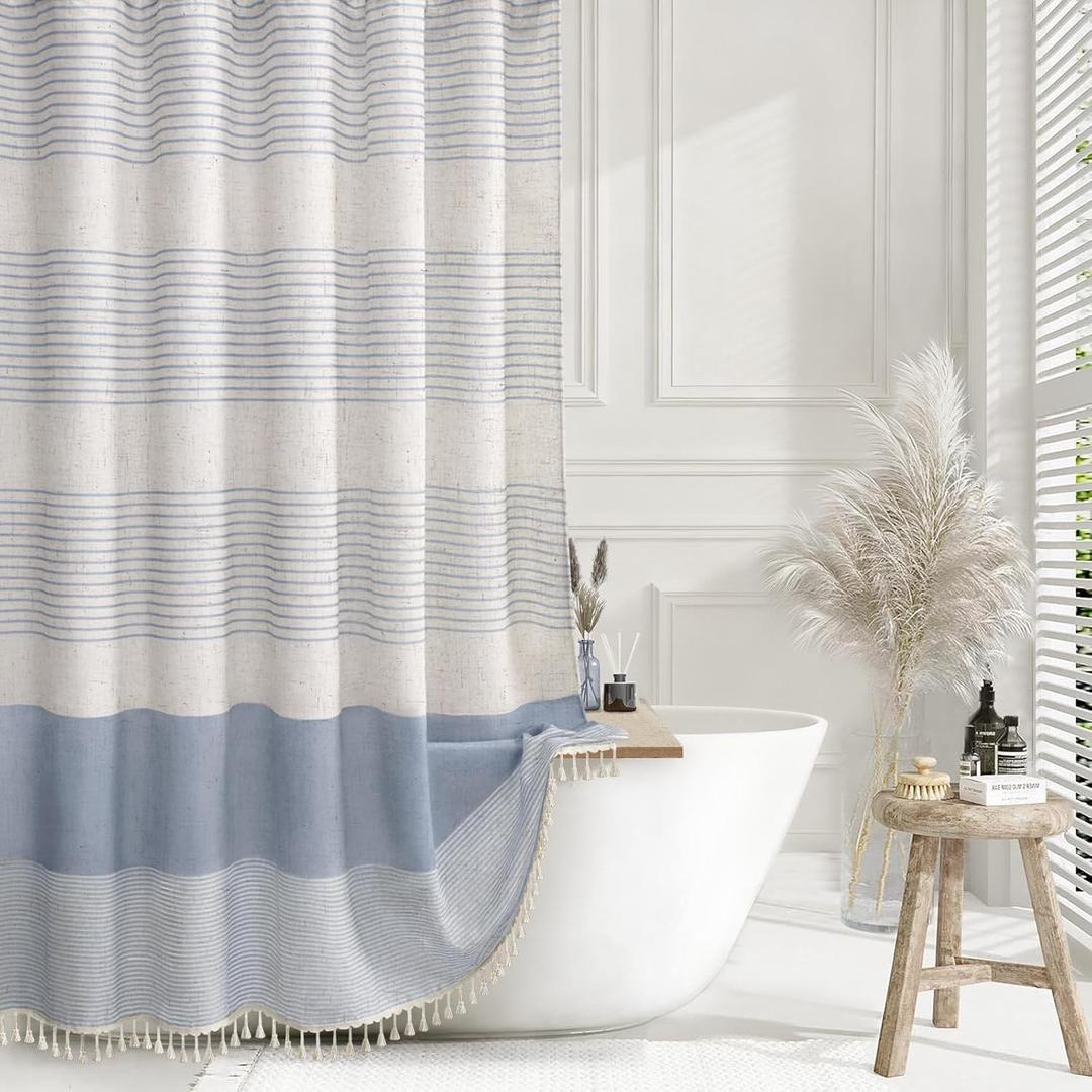 Light Blue Shower Curtain Linen Coastal Ocean Striped Shower Curtains for Bathroom with Tassel 72 X 72