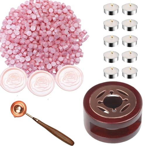 Wax Seal Stamp Kit, Atopbb 300pcs Pearl Pink Sealing Wax Bead, 1pcs Wooden WaxSeal Warmer, 1pcs Melted Spoon and 10pcs Tea Candles for WaxSealing Stamp Kit (Pearl Pink)