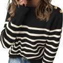 KIRUNDO Women's Striped Sweaters 2024 Fall Winter Outfits Crewneck Ribbed Knit Pullover Trendy Tops with Metal Buttons (Black) S