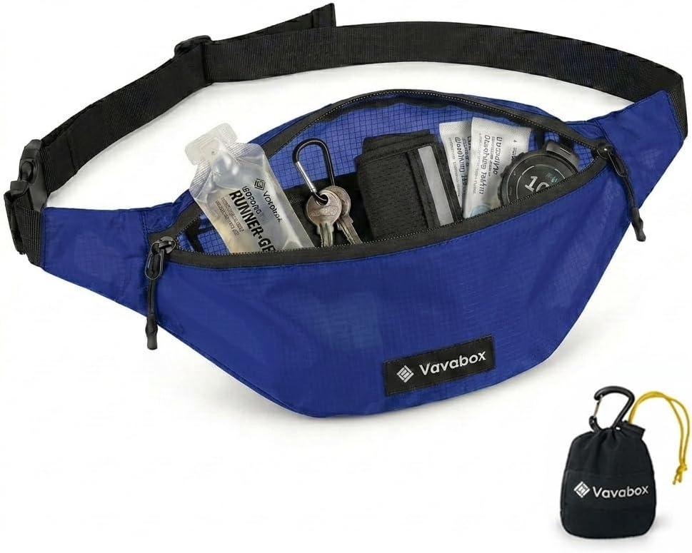 Vavabox Extremely Lightweight Running Belt for Men Women, Fanny Pack Travel Bum Bag with 2 Zippers, Water-Resistant Waist Bag for Running Walking Hiking (Dark Blue)