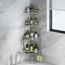 LAMU Shower Caddy Corner Tension Pole, Stainless Steel Shower Organizer, Strong Spring, 5 Adhesive Pads, 2.4 in Non-Slip Grid Base, Adjustable 4-Tier Basket, 4 Hooks, Fits Heights 37.8-124 in, Silver
