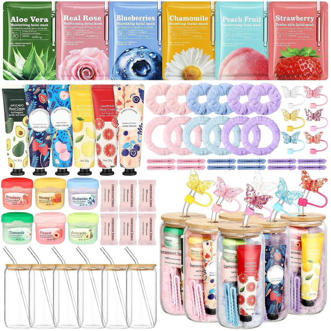 Demissle 60 Pcs Spa Party Supplies Women Sleepover Birthday Favors Bachelorette Slumber Gifts Include Glass Cup, Facial Masks, Lip Balm, Hand Cream, Hairpin, Hair Ring, Hair Band, Compressed Towel