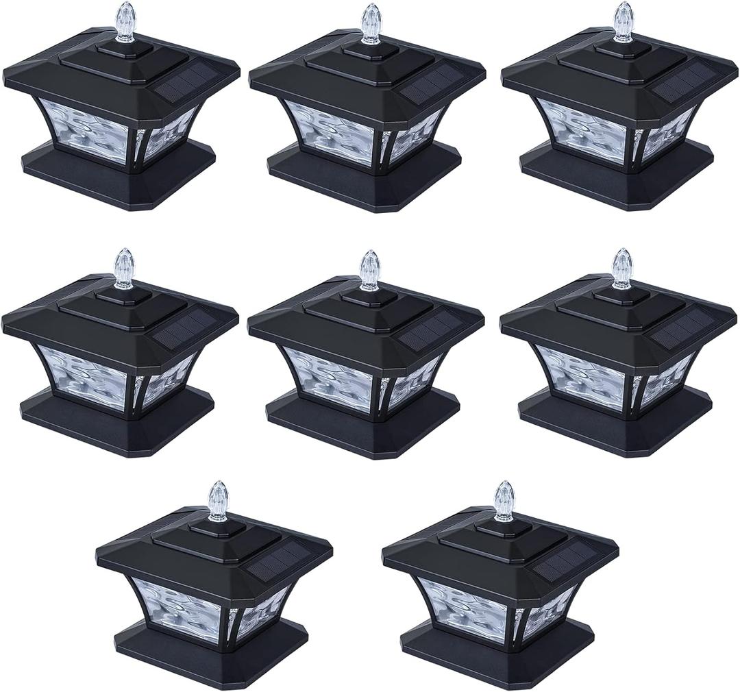 Solar Post Cap Lights Warm White/Red/Green/Blue 4 Lighting Mode, Top Cone Luminous Design, 15 Lumens lP54 Waterproof Fit 3.5x3.5 4x4 4.5x4.5 5x5 Wood Fence Post Solar Lights Black (8 Pack)