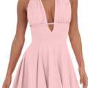 BEAGIMEG Women's Sexy Bodycon Sleeveless Halter Tie up Back Backless Deep V A-line Club Party Mini Dress (Pink) Large