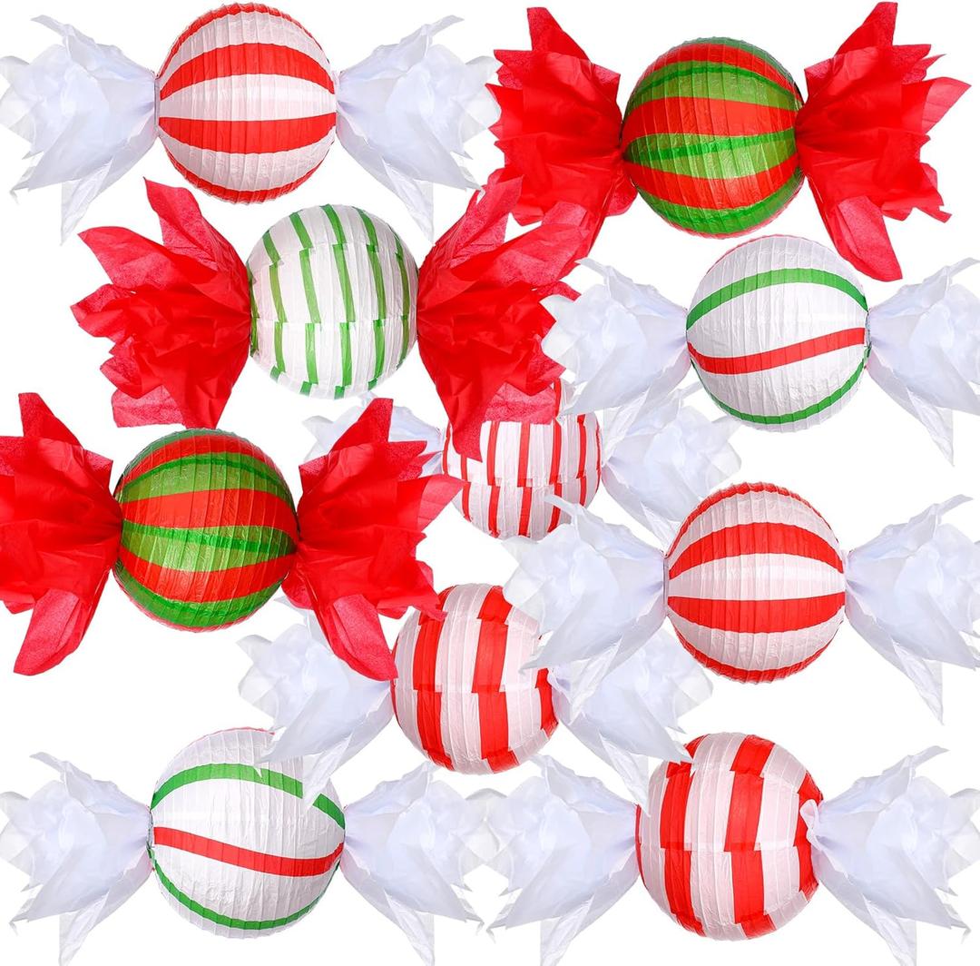Riakrum 12 Pcs Christmas Candy Paper Lanterns 10 Inch Red Green White Christmas Hanging Paper Lantern Decorations Craft Sets for Xmas Party Supplies Indoor Outdoor Decor