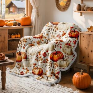 Lanpn Fall Pumpkin Flannel Throw Blanket, Soft Warm Flannel Sherpa Fleece Throws Orange Pumpkins Leaves Blanket for Couch Bed, Cozy Autumn Throw Blankets Farmhouse Thanksgiving Home Decor, 50"x60"