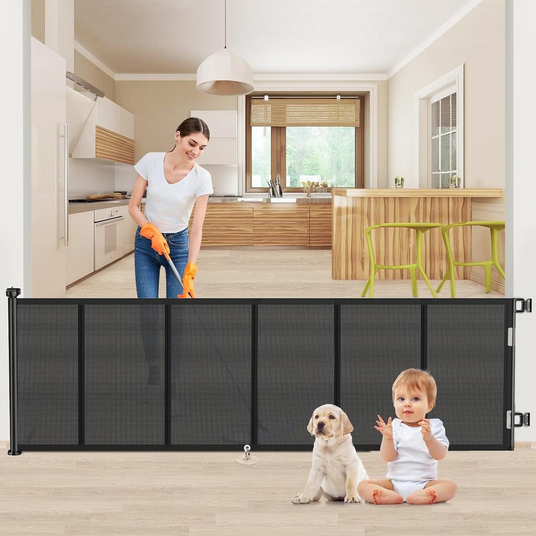 120 Inch Retractable Baby Gates Extra Wide Reinforced Baby Dog Gate 34 Inch Tall Retractable Dog Gate with Reinforced Strip Mesh Safety Pet Gate for Stairs Hallway Doorway Indoor Outdoor, Black 34'' X 120''