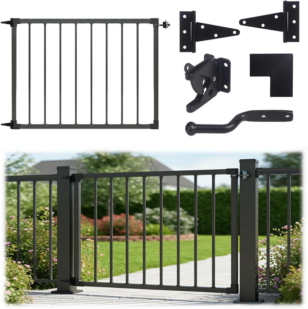 4Ft W Steel Deck Gate Kit for 36" H Railing, Cuttable Black Textured Powder - Coated Outdoor Gate with Latch & Auto-Closing Hinges for Deck, Patio, Garden, Yard, Porch