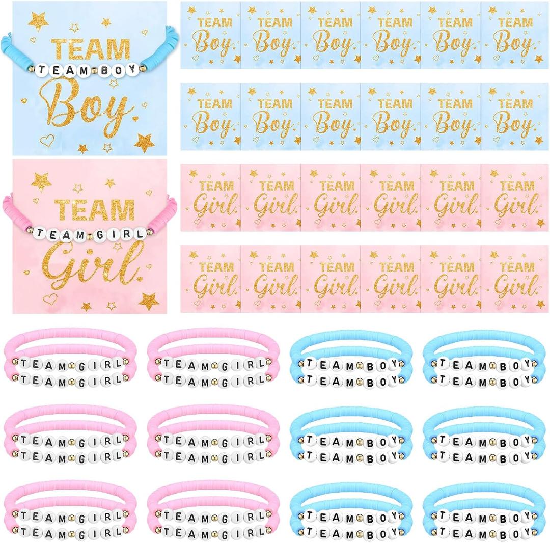 Quelay 24 Pcs Gender Reveal Bracelets with Cards Team Boy or Girl Bracelets for Baby Shower Decorations Supply Blue and Pink Team Boy or Girl Gender Reveal Party Favor for Guests Game Accessory Gifts