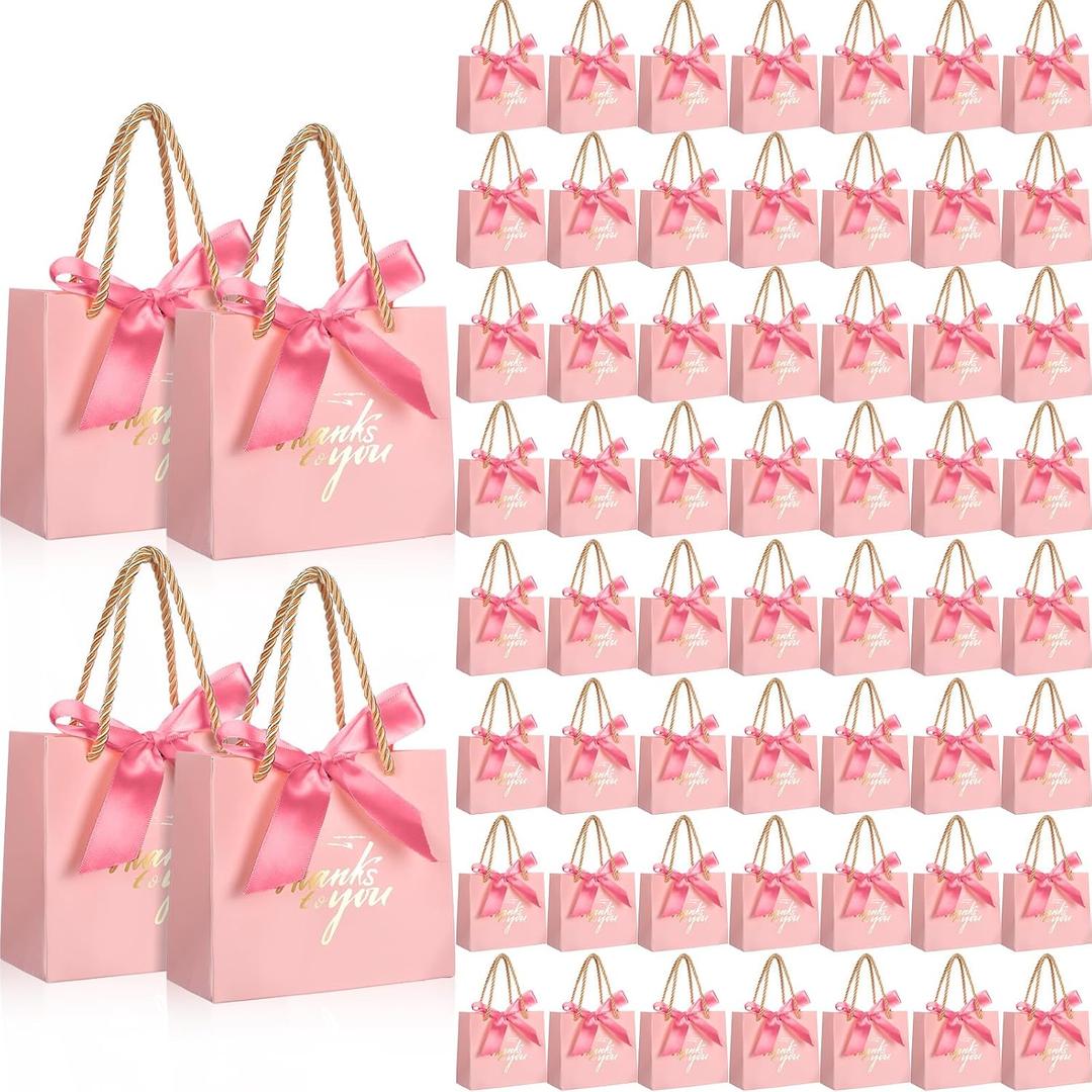 Colarr 60 Pcs Small Thank You Gift Bags Mini Party Favor Candy Bags with Handles and Bow Ribbon for Wedding Birthday Baby Shower Guest Valentines Day Party Supplies(Medium Pink Ribbon)