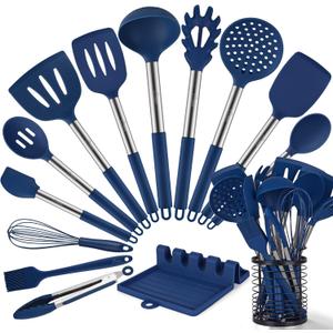 HOTEC Heat Resistant Silicone Kitchen Utensils, Cooking Utensil Set, Spatula Set, BPA Free, Kitchen Gadgets, with Stainless Steel Utensils Holder, Dishwasher Safe, 14pcs Classic Blue
