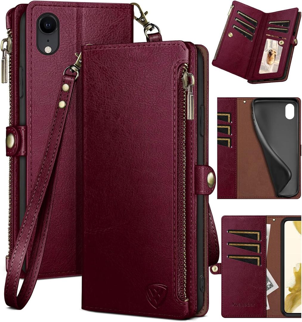 XcaseBar for iPhone XR 6.1" Wallet case with RFID Blocking Zipper Credit Card Holder, Flip Folio Book PU Leather Phone case Shockproof Cover Women Men for Apple XR case Wine Red