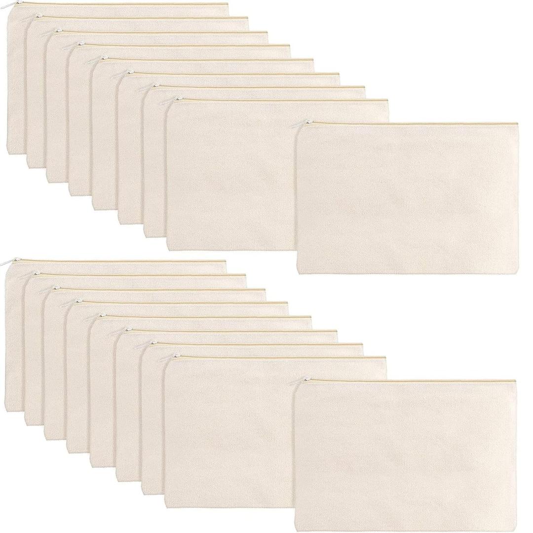 meekoo 16 Pack Canvas Blank Cosmetics Bags Plain Zipper Makeup Pouch Sublimation DIY Craft Multipurpose Toiletry Bag for Makeup Travel Cosmetic Stationary Storage(L,Beige)