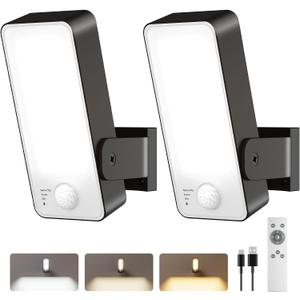 2 Pack Motion Sensor Outdoor Lights, 10000mAh Rechargeable Battery Operated Outdoor Lights with Remote, 3 Modes with Red Alert, Dimmable & 3CCT, Outdoor Security Lights for Porch, Backyard, Garage