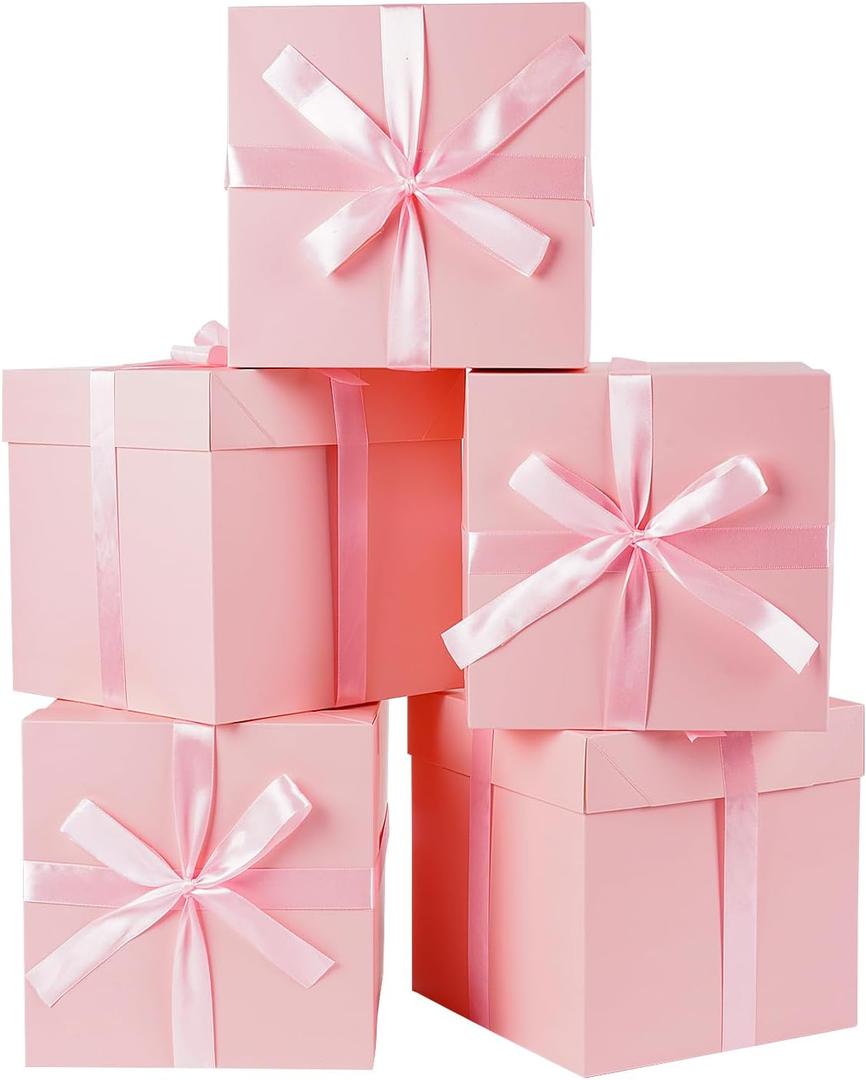 Jaywayang 8.7" Medium Square Gift Boxes with Lids, Ribbons and Tissue Papers, Birthday Gift Boxes - 5 Pcs (Pink), Wedding, Anniversaries, Mother's Day, Party Favor Boxes
