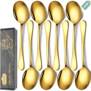 Stainless Steel Serving Spoons Set, 8pc, 10-Inch, Includes 8 Large Spoons, for Parties/Kitchen/Buffet/Catering, Dishwasher Safe, Gold