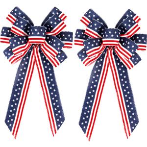 2 Pack 4th of July Decor Bow for Wreath,Red White Blue Stripe Stars Tree Topper Bows for Patriotic,Independence Day,Memorial Day,Veteran's Day,Front Door Indoor Outdoor Decorations