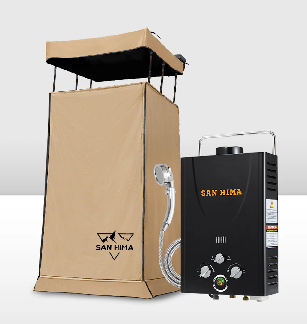SAN HIMA Camping Shower Tent Awning Instant Fold-Out With 8L Gas Hot Water Heater