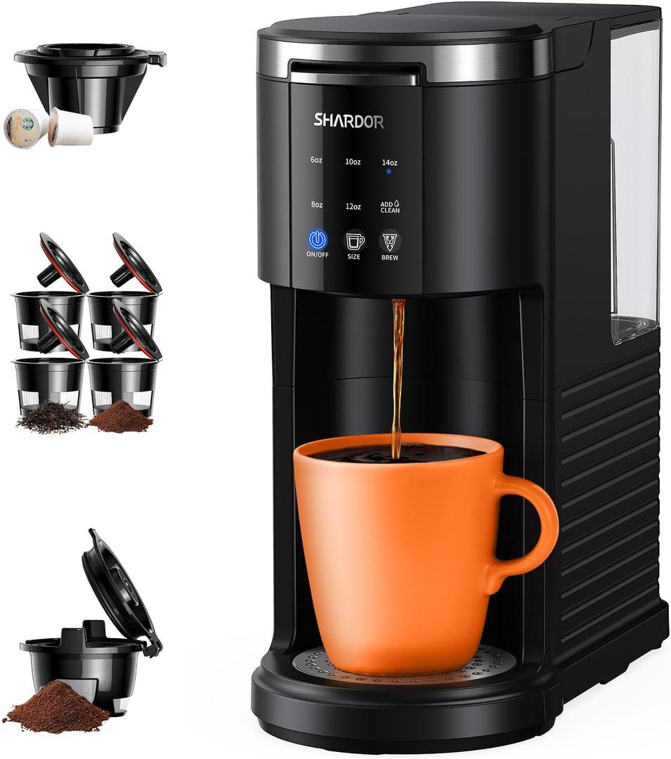 SHARDOR 3 in 1 K Cup Coffee Maker, Single Serve Coffee Maker for K Cup Pods & Ground Coffee & Teas, 6 to 14oz Brew Sizes, 40oz Detachable Water Reservoir, Compact Design, Black
