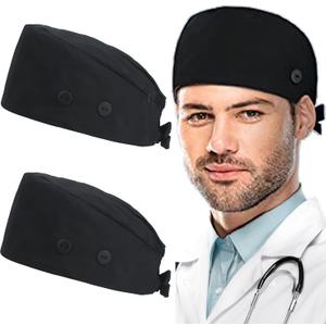 ABAMERICA Working Caps with Button and Sweatband, Adjustable Working Hats for Women Men, One Size(Tie Back or Toggle) (Black)
