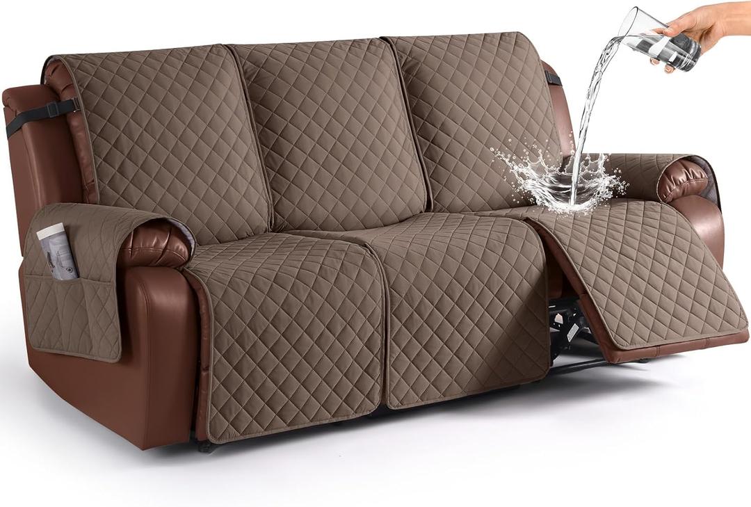 KinCam 100% Waterproof Recliner Couch Covers, Non-Slip Reclining Sofa Covers for 3 Seater, Recliner Couch Cover Furniture Protector with Elastic Straps for Pets, Kids, Brown