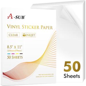 A-SUB Clear Sticker Paper for Inkjet Printers, Waterproof Translucent Printable Vinyl Sticker Paper - 50 Sheets 8.5x11 Inch Glossy Clear Label Paper for Custom Decals