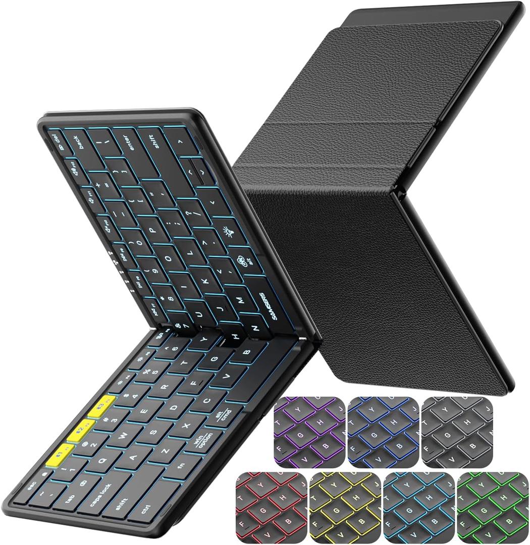 Samsers Full-Size Foldable Bluetooth Keyboard, KF08X Wireless Folding Keyboard with Backlight, Portable Travel Keyboards for iPhone iPad Smartphone Tablet Laptop, Android Windows Mac OS - Black
