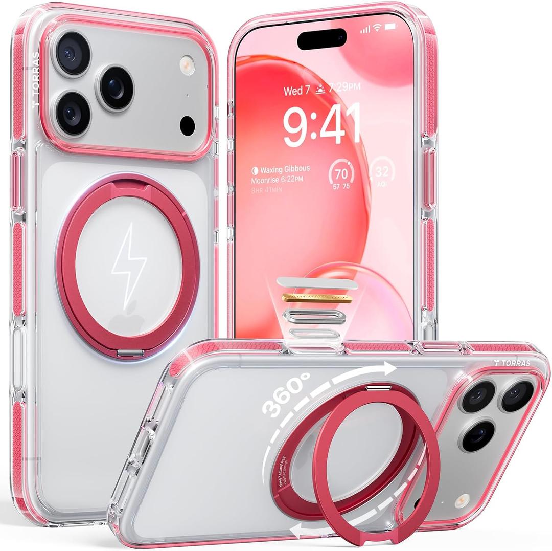 TORRAS 360 Magnetic Stand for iPhone 17 Pro Case, [Rotatable Sturdy Kickstand][Fit for MagSafe][4X Mil-Grade Shockproof] Slim Transparent Phone Cover, Camera Button, Crystal Pink, Ostand O3 Fitness