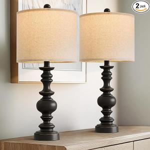 BOBOMOMO 24" Traditional Farmhouse Table Lamp Set of 2, Vintage Resin Lamps for Living Room Bedroom, Rustic Nightstand Lamp with Linen Shades, Retro Black Table Lamps for Living Room, Bedroom, Office, Medium 