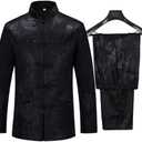 Tang Suit Men Hanfu Chinese Traditional Clothes Kung Fu Shirt Uniform Long Sleeved Coat Tops and Pants (Black, M)